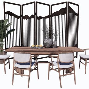 新中式茶几桌椅组合屏风隔断摆件SU模型