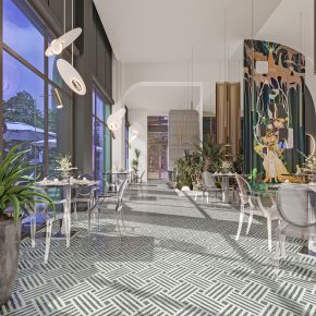 现代酒店餐厅，户外太阳伞桌椅组合，餐桌椅组合，植物组合