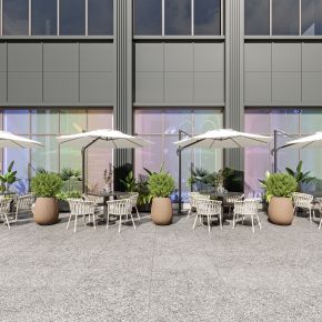 现代酒店餐厅，户外太阳伞桌椅组合，餐桌椅组合，植物组合