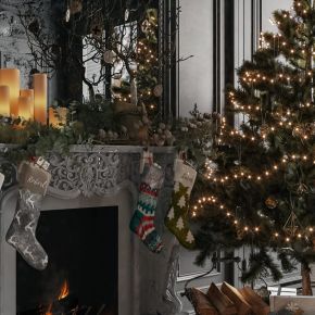 欧式客厅，壁炉，圣诞树，背景墙