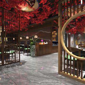 新中式火锅店,红树叶顶，桌椅组合，前台