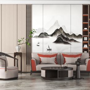 新中式客厅,沙发茶几组合，沙发背景，花几，摆件