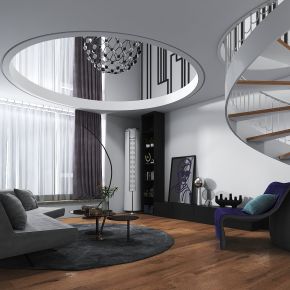 现代复式公寓客厅，旋转楼梯，弧形沙发，茶几，吊灯，休闲椅，空调，书柜