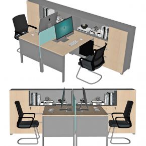 现代办公桌，员工位，职员桌，工位，桌上屏，桌屏，屏风，条桌，隔断，办公椅，弓形椅，弓架椅，会议椅，办公桌椅，办公室，摆件，电脑，饰品