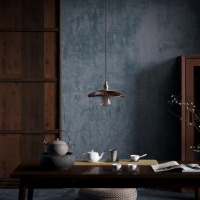 新中式茶桌椅组合，吊灯，柜