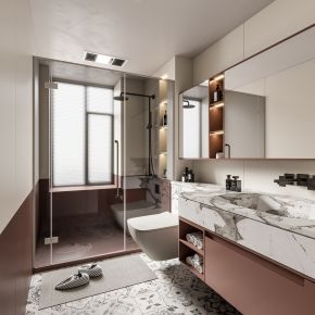 现代卫生间 马桶 浴室柜 洗脸盆 镜子 玻璃隔断 