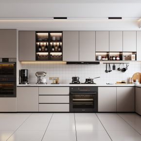 现代厨房 砖石橱柜 燃气灶 洗碗机 烤箱 蒸箱 绿植 饰品摆件