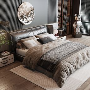 Poliform现代双人床  床头柜  墙饰  雕塑  地毯  吊灯