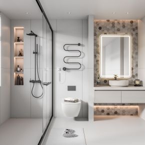 现代卫生间 马桶 浴室柜 洗脸盆 镜子 玻璃隔断 沐浴用品