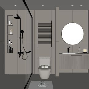 现代卫生间 马桶 浴室柜 洗脸盆 镜子 玻璃隔断 沐浴用品