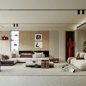  现代，原木侘寂，客厅，沙发组合，沙发背景墙