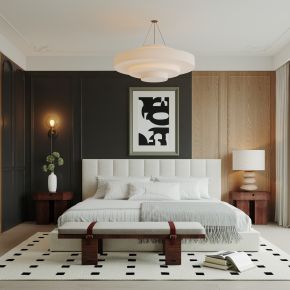 卧室，侘寂，现代，床品组合，台灯，装饰画，盆栽，背景墙
