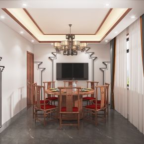 新中式餐厅包厢，圆餐桌椅组合，吊灯，中式屋檐墙造型