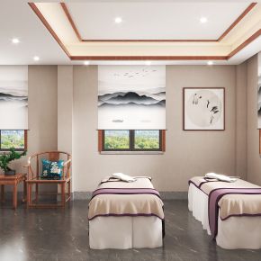 新中式美容按摩室，美容床，休闲桌椅组合