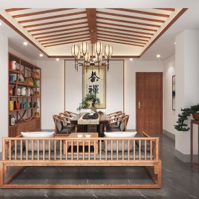 新中式茶室，茶桌椅组合，茶具柜，吊灯，花几