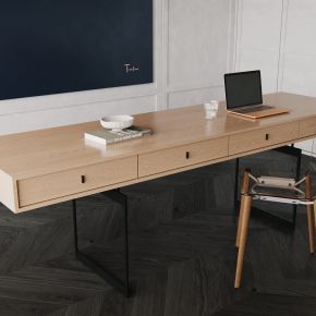 侘寂，书桌，原木，黑钢，书桌椅