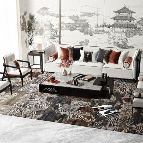 新中式客厅沙发茶几组合，装饰摆件