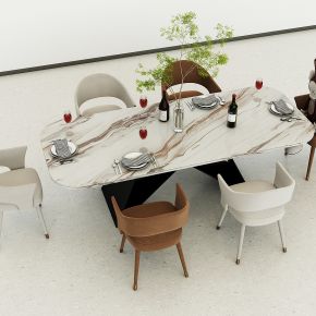 现代轻奢餐厅餐桌椅，餐具
