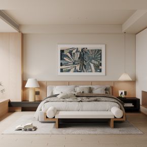 卧室，侘寂，现代，床品组合，台灯，装饰画，盆栽，背景墙