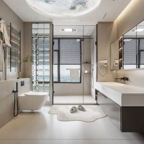 现代卫生间 马桶 浴室柜 洗脸盆 镜柜 玻璃隔断 玻璃砖