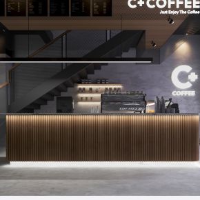 工业风咖啡馆，咖啡店，吧台，服务台，咖啡厅，咖啡桌椅，咖啡机，楼梯，灯饰