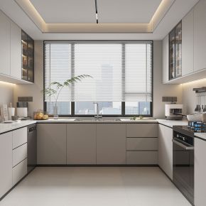 現代廚房，U形櫥柜，吊柜地柜，消毒柜，洗碗機，集成灶，廚具，插座，水盆