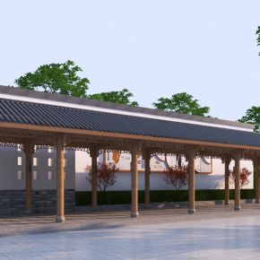 新中式木廊架3D模型