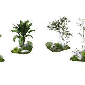 su现代植物堆 组团小景模型  现代植物堆 庭院小景 草坪组团花草 植物组合