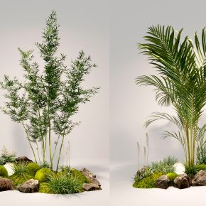 3d现代室内组团小景模型  现代植物堆 球形灌木 苔藓球  带花灌木植物组合