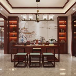 新中式客厅餐厅，沙发，电视柜，餐桌椅，茶桌，吊灯。