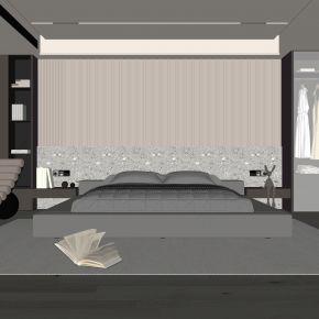 现代卧室 双人床 饰品 休闲椅 床头吊灯 无主灯造形吊顶 衣