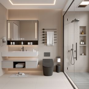 现代家居卫生间 浴室 厕所 洗手台 浴室柜 毛巾架 镜子 淋浴房 花洒