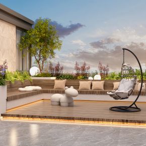 3d现代屋顶花园 阳台景观 户外庭院 植物组合 黄昏阳台 露台景观