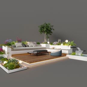 现代户外座椅小景模型   屋顶花园座椅 现代植物堆 球形灌木 带花灌木植物组合