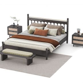 现代法式双人床组合，床榻，床边柜
