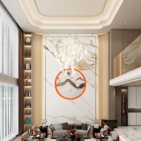 新中式轻奢风复式别墅客厅挑空弧形沙发背景墙