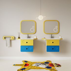 现代儿童浴室柜，浴室镜，地毯，吊灯，台盆