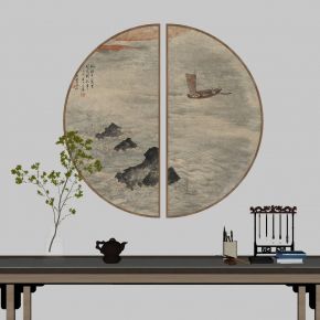 新中式装饰画摆件案几书桌花瓶摆件画笔茶壶圆形装饰画