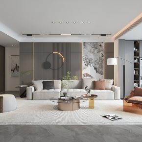 现代客厅 沙发组合 装饰品 挂画 落地灯 绿植 摆件 家装3D模型