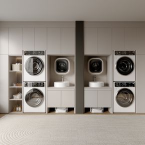 3d现代阳台洗衣机柜 一体化洗衣机烘干机