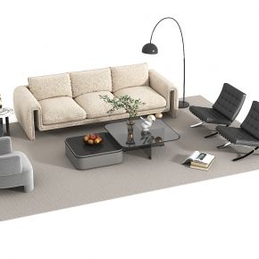现代沙发茶几组合，三人沙发，茶几，边几，落地灯，休闲椅