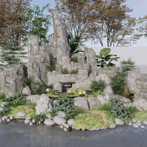 中式假山景石自然石山石碎石砾石水景景观植物荷花池
