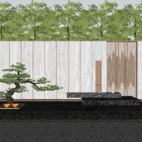 新中式景墙入口水景对景景墙示范区跌水跌水景墙围墙造型松格栅