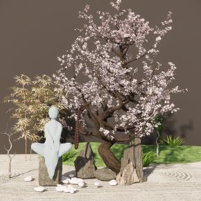 日式庭院小品景墙水景卵石景石人物雕塑景观植物汀步石灯景观草竹子