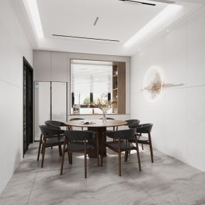 新中式玄关客厅餐厅 餐边柜 双门冰箱 餐桌沙发 植物 墙饰