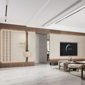 新中式玄关客厅餐厅 餐边柜 双门冰箱 餐桌沙发 植物 墙饰