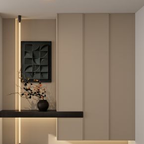 意式 北欧 木纹砖 岩板 端景柜 几何造型 入户玄关