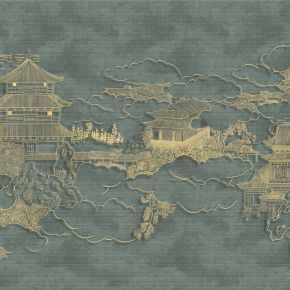 高清新中式亭台楼阁线条肌理背景墙壁画