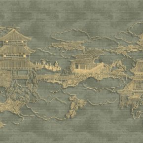 高清新中式亭台楼阁线条肌理背景墙壁画