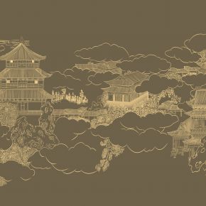 高清新中式亭台楼阁线条肌理背景墙壁画